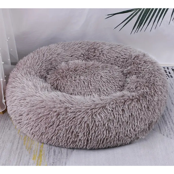 Pet Bed Plush Dog Cat Fluffy Luxury Taupe 23.6" large Round Non Slip - Picture 6 of 7